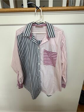 LOFT Mixed Stripe Button-Down Shirt in Pink and Gray